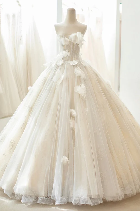 Champagne Tulle Lace Long Formal Dress, A-Line Evening Gown empire Waist empire