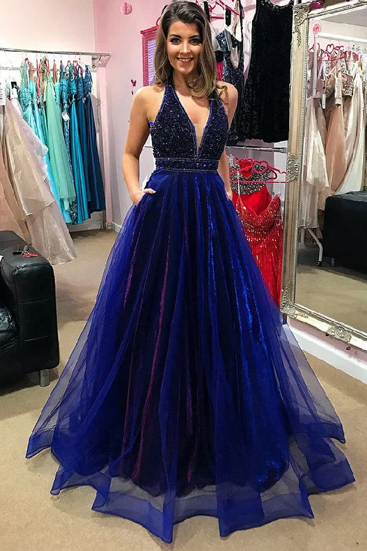 Modest Unique Royal Blue And Purple V-neck Beading Long Prom Dresses With Pockets sweetheart Neckline Romantic