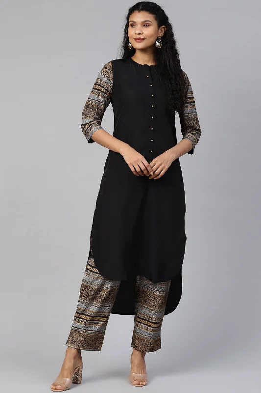 Crepe Solid Kurta With Pant Set In Black Comfortable Denim Pants