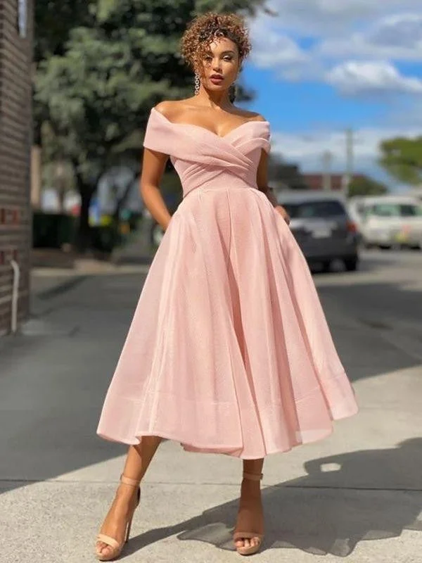 A-Line/Princess Other Ruched Off-the-Shoulder Sleeveless Tea-Length Dresses Boatneck Modish Everyday