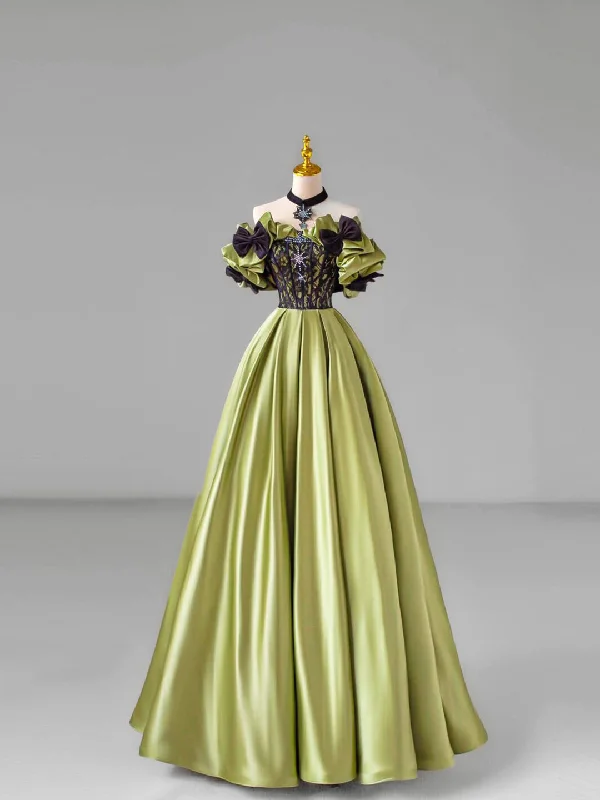 Green Satin Lace Long Prom Dress, Beautiful A-Line Evening Dress with Bow Tunics Polka dots
