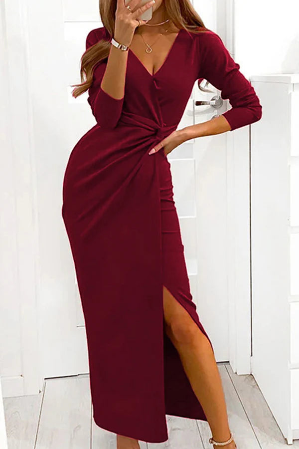 Fashionable and elegant solid color slit folding V-neck dress Tunics Timeless classic Fashionable and elegant solid color slit folding V-neck dress Tunics Timeless classic