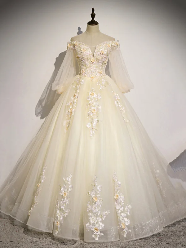 Champagne Tulle Lace Long Prom Dress, A-Line Off the Shoulder Long Sleeve Evening Dress Tunics Sophisticated sleek