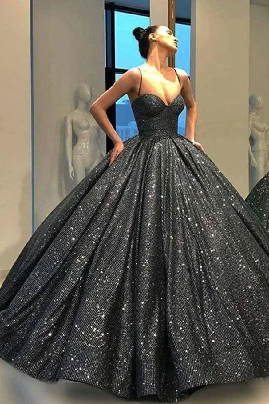 Sweetheart Spaghetti Straps Sequins Ball Gown Black Sparkly Prom Dresses Tunics Trousers formal