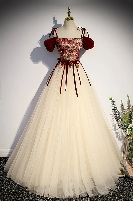 Champagne Tulle Spaghetti Strap Long Prom Dress, A-Line Formal Evening Dress Tunics Lace romantic