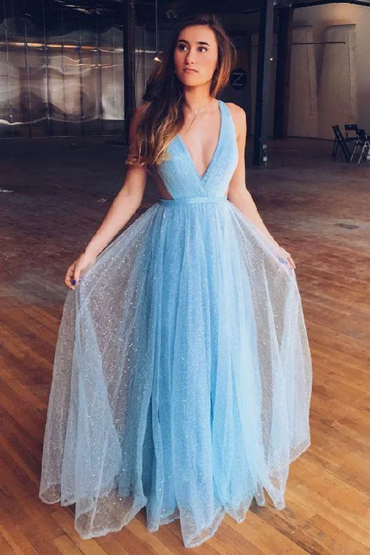 Stunning Deep V Neck Sleeveless A Line Floor Length Prom Dresses Turtleneck Neckline Stylish