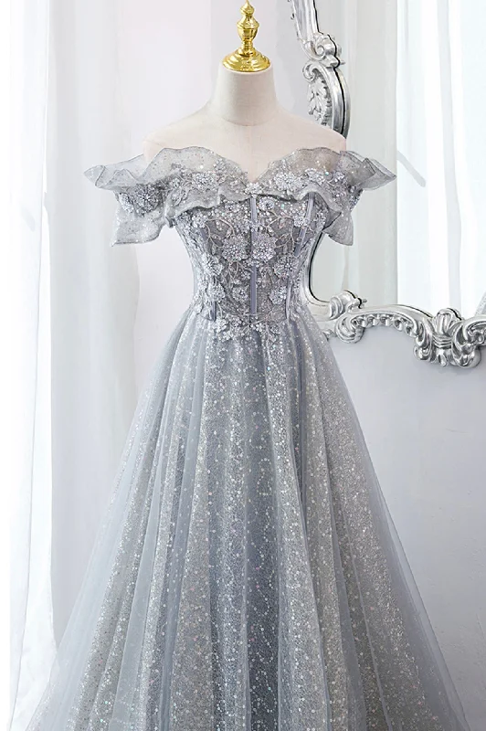 Gray Tulle Lace Long Prom Dresses, A-Line Sequins Evening Dresses A-Line Day Work