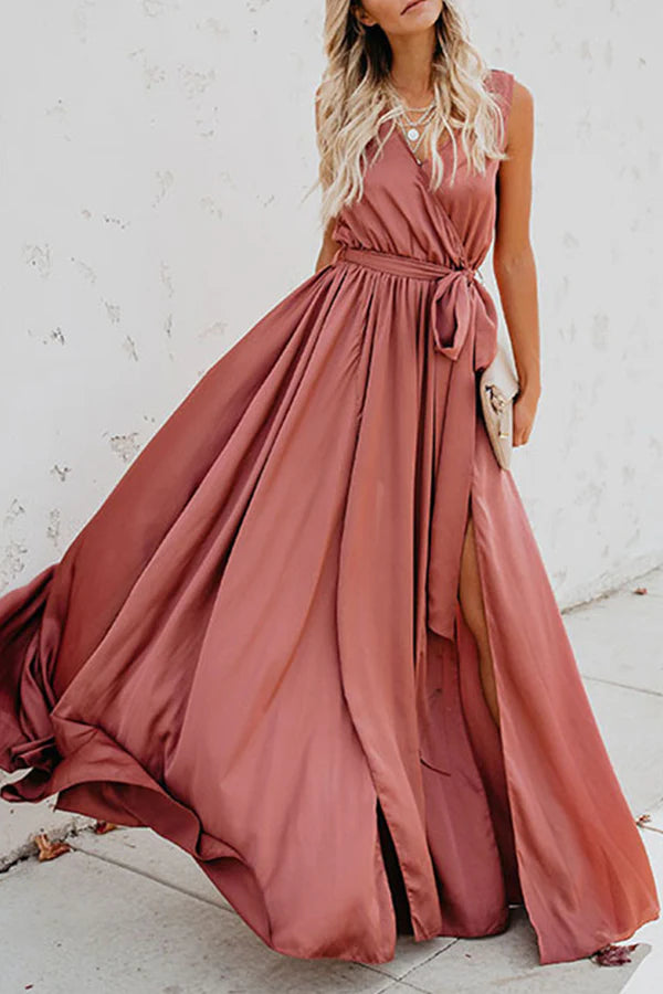 Elegant sleeveless off shoulder solid color high opening V-neck and floor length dress Tunics Canvas sturdy