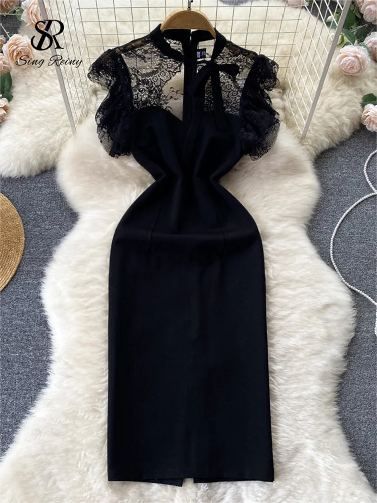 Yipinpay Lace Splice Hollow Out Dress French Style Summer Women Zipper O Neck Elegant Ladies Split A Line Solid Dresses sweetheart Neckline Romantic