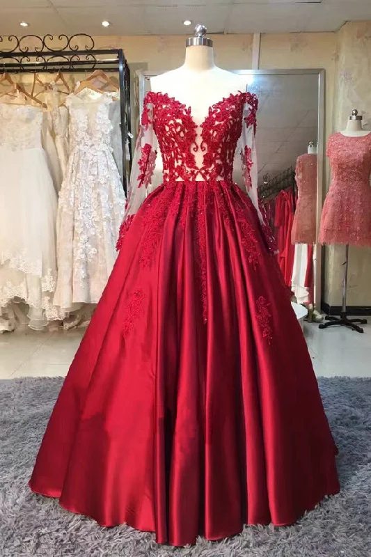 Red Ball Gown Floor Length Off Shoulder Long Sleeve Appliques Vintage Prom Dresses Tunics New arrival