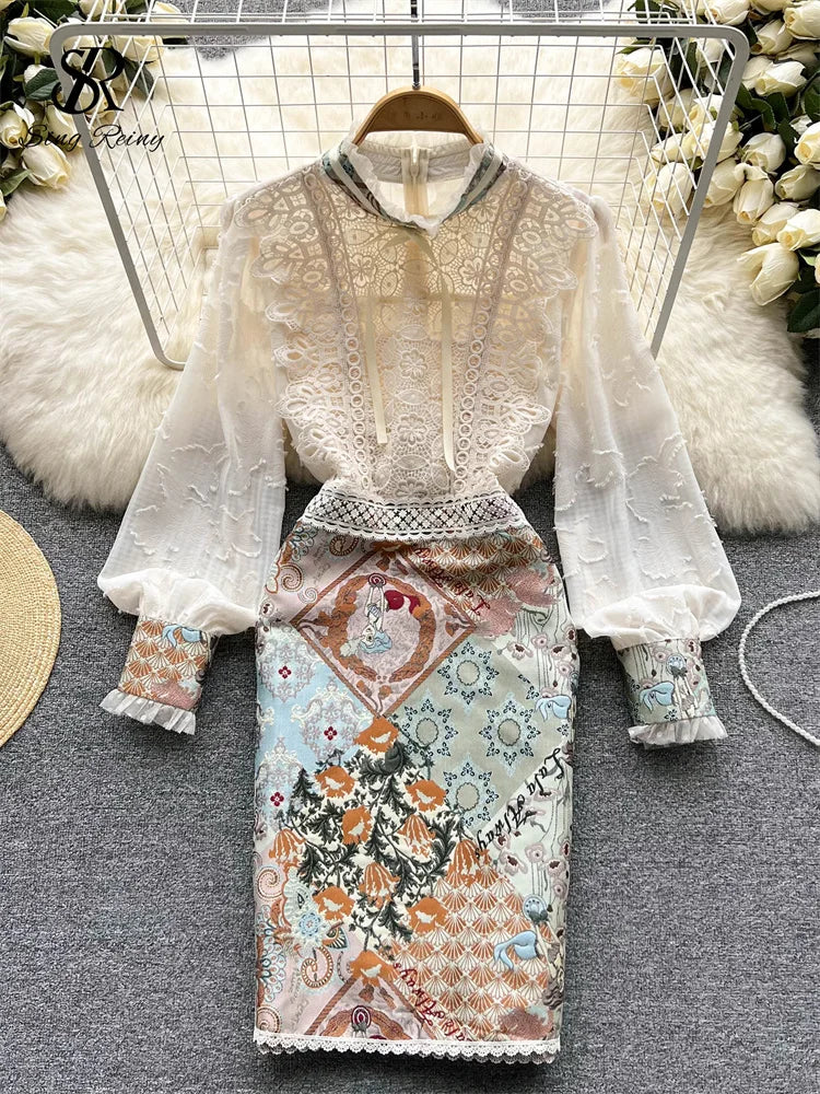 Yipinpay Splice Lace Embroidery Women Dress Summer 2024 Temperament Elegant Zipper Long Sleeves Ladies A Line Slim Chic Dresses Tunics Hiking breathable