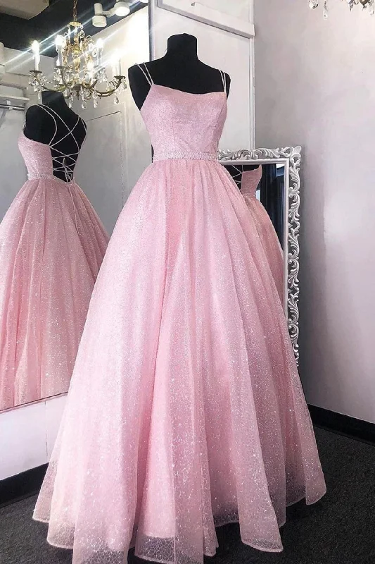 Cute Tulle Sequins Long Prom Dresses, A-Line Backless Evening Dresses Tunics Business professional