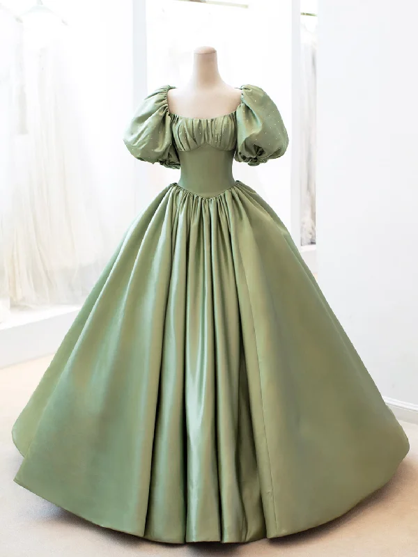 Green Satin Formal Evening Gown with  Puff Sleeve, A-Line Long Prom Dress Tunics Party sparkling