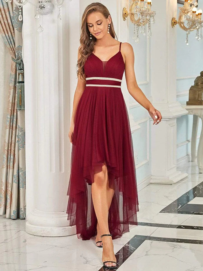 V Neck High-low Hem Pleated Tulle Prom Dress Turtleneck Warm Winter