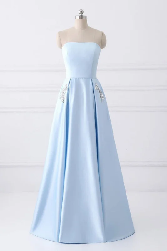 Light Blue A Line Floor Length Strapless Sleeveless Lace Up Prom Dresses Crew Neckline Sporty