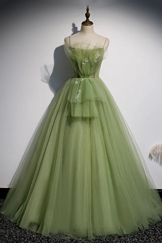 Green Tulle Long A-Line Prom Dresses, Green Spaghetti Straps Evening Dresses Tunics Handmade artisanal Green Tulle Long A-Line Prom Dresses, Green Spaghetti Straps Evening Dresses Tunics Handmade artisanal