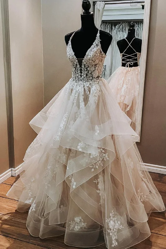 Champagne V-Neck Tulle Long Prom Dresses, A-Line Formal Evening Dresses empire Waist empire