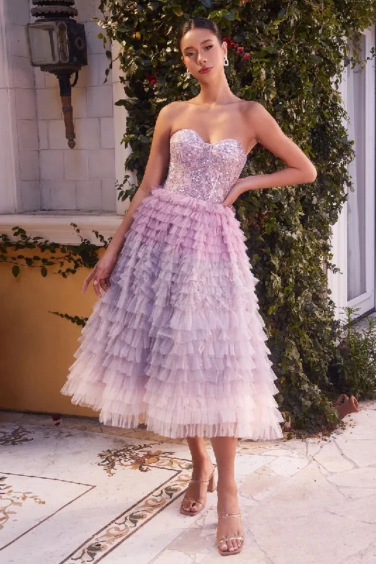 Andrea And Leo -A1309 Ruffled A-Line Evening Tea-Length Dress Tunics Fashionable trendy