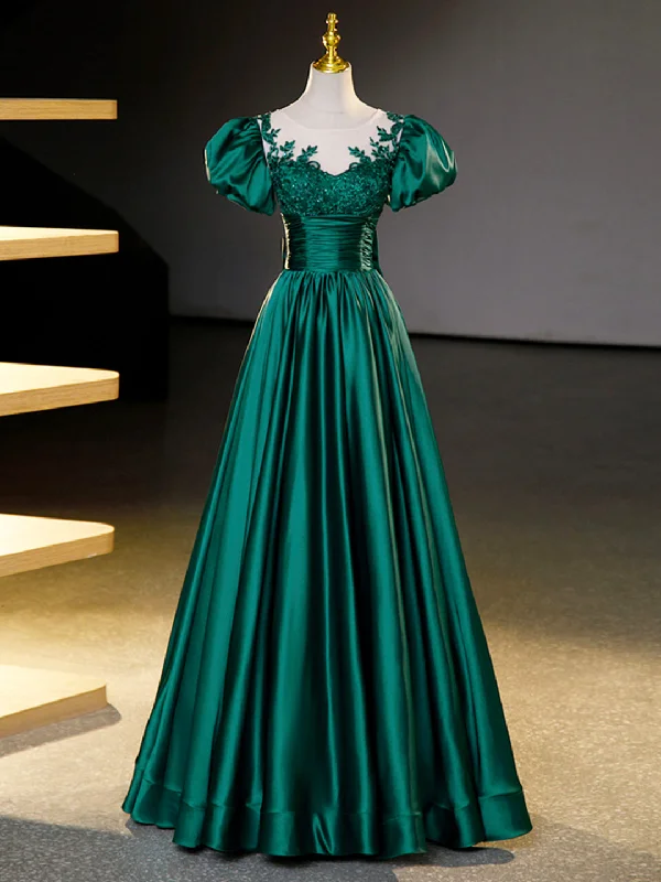 Green Satin Lace Floor Length Formal Dress, Short Sleeve A-Line Evening Dress Tunics Gym athletic