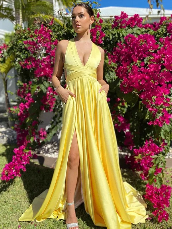 A-Line/Princess Silk like Satin Ruffles V-neck Sleeveless Sweep/Brush Train Dresses Tunics Evening elegant