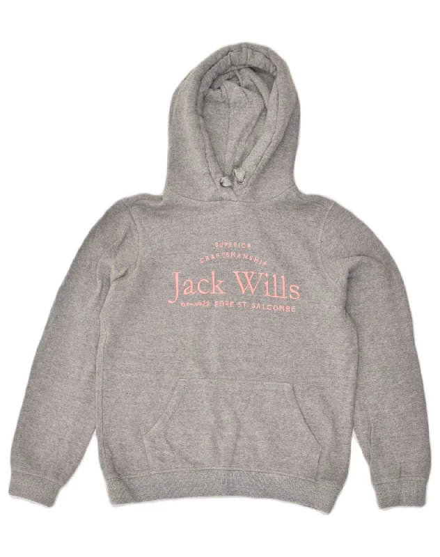 JACK WILLS Womens Graphic Hoodie Jumper UK 10 S Grey Cotton Hoodie with Hood Adjustable Protection