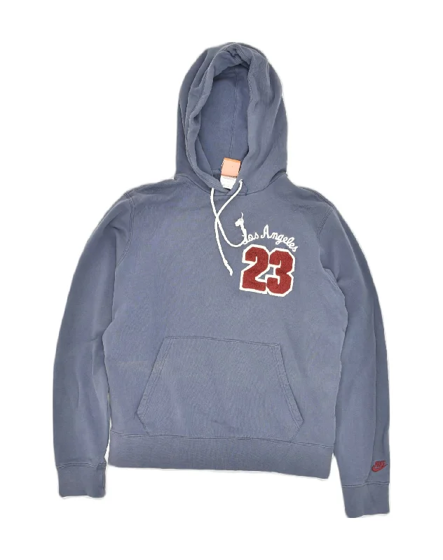 NIKE Womens Graphic Hoodie Jumper Medium Blue Cotton Hoodie with Hem Raw Edge Edgy Unfinished
