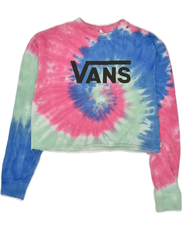 VANS Womens Crop Sweatshirt Jumper UK 14 Medium Pink Tie Dye Hoodie with Rhinestones Sparkly Elegant