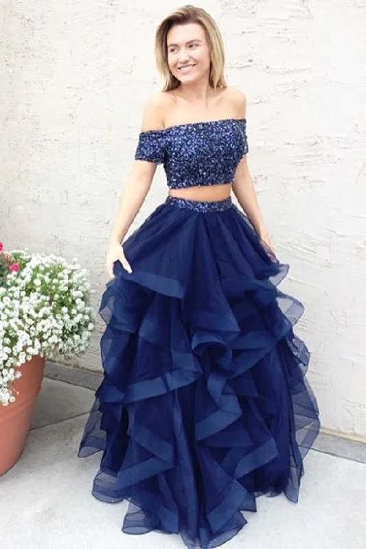 Modest Blue Two Piece A Line Floor Length Off Shoulder Princess Long Prom Dresses Tunics Stylish elegant