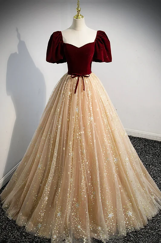 Cute Velvet Tulle Long Prom Dress, A-Line Evening Dress Tunics Lace romantic