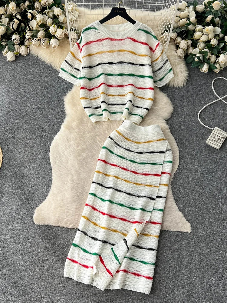 Yipinpay Summer Knit Casual Two Pieces Sets Women Loose Short Camisole+ Skinny Long Dress Retro Stripe Hollow Out Design Suit Tunics Corduroy durable