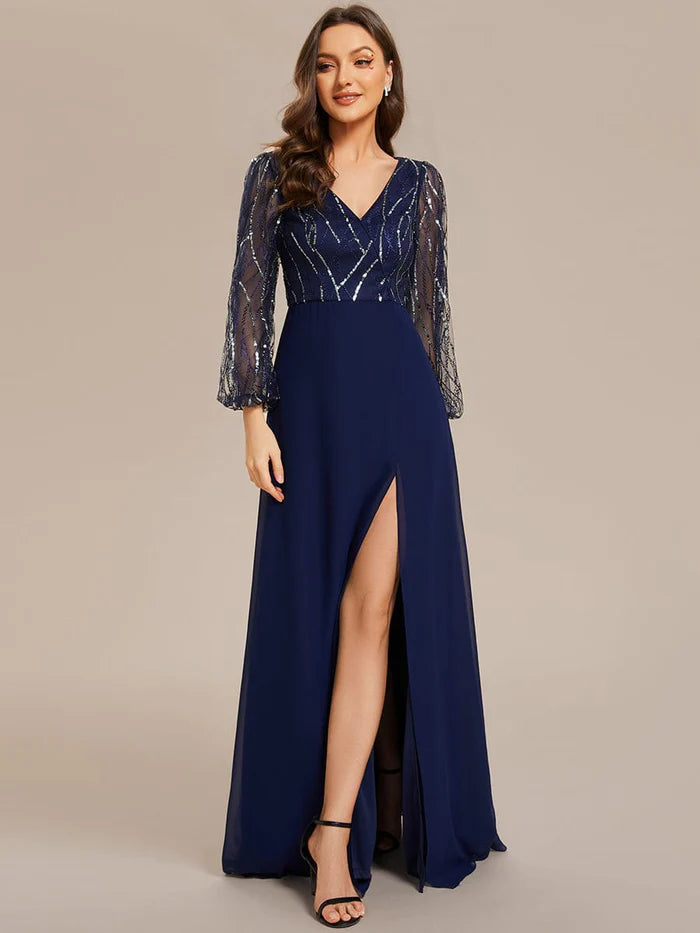 Sequin See-through Long Sleeves High Slit Chiffon A-Line Evening Dress Tunics Versatile all-occasion