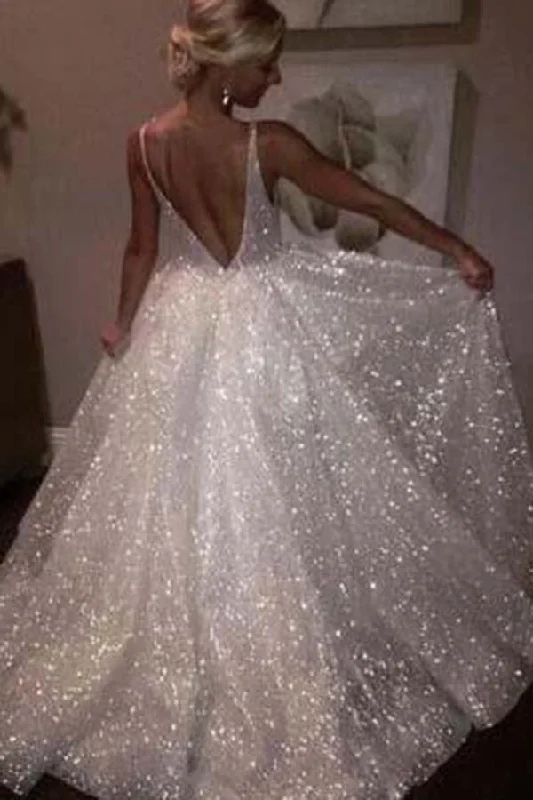 Sparkly V-neck Backless Sweep Train Sequin Shiny Long Ivory Princess Prom Dresses Tunics Cozy comfortable