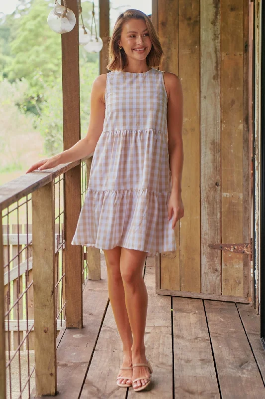 Jovie Sleeveless Gingham Beige Tiered Dress Tunics Luxurious high-end
