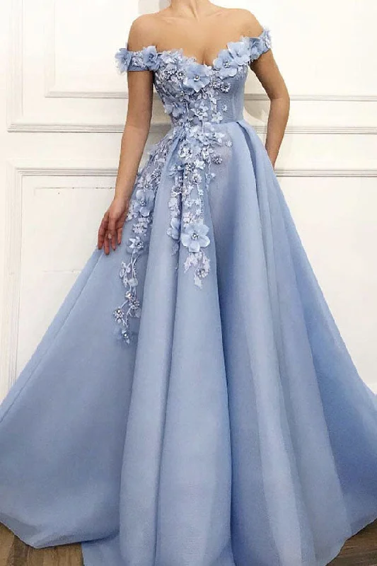 Beautiful Lace Up Elegant Sky Blue Prom Dresses Off The Shoulder Long Princess Prom Dresses For Teens Tunics Polka dots