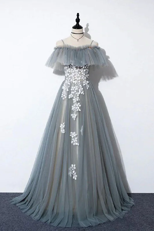 Gray Tulle Lace Long Prom Dress, A-Line Evening Dress Turtleneck Warm Winter