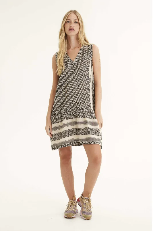 Summery Copenhagen Dress 2 V No Sleeves -  Ecru & Black Tunics Canvas sturdy