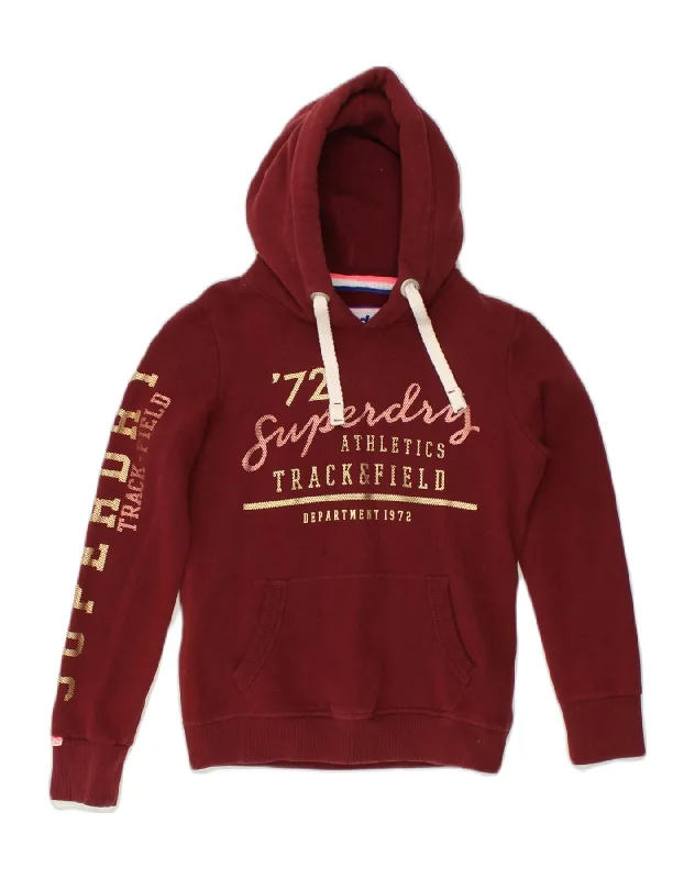 SUPERDRY Womens Graphic Hoodie Jumper UK 8 Small Maroon Cotton Hoodie with Oversized Fit Loose Comfortable