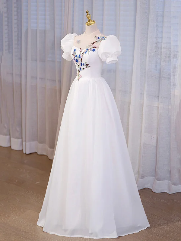 Elegant White Tulle Appliques Long Prom Dress, White High Neck A-Line Evening Dress Tunics Chic elegant