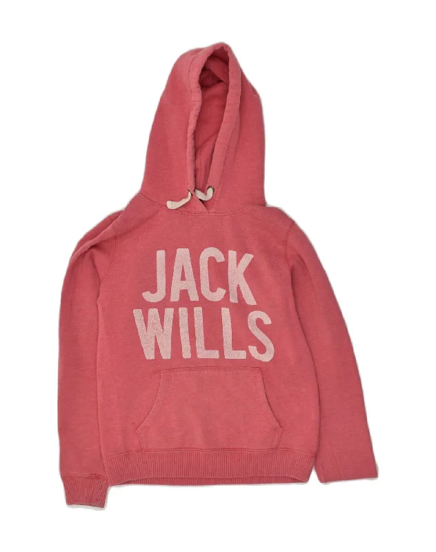 JACK WILLS Womens Graphic Hoodie Jumper UK 10 Small Red Cotton Hoodie with Logo Branding Identity