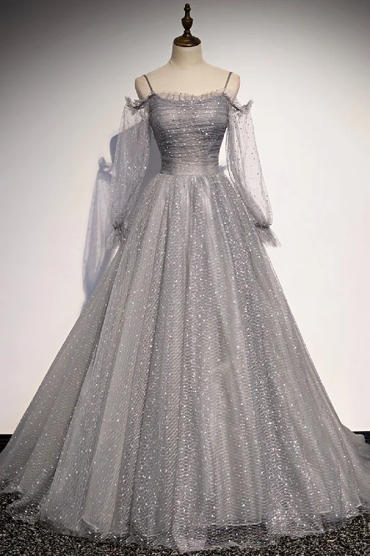 Gray Tulle Sequins Long Prom Dress, Long Sleeve Evening Dress Tunics Fashionable chic