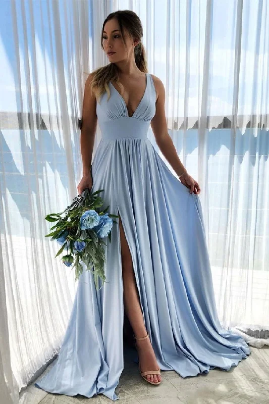 Simple Front Split Light Blue V-neck Elegant Long Prom Dresses Tunics Brand named