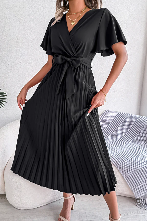 Solid color pleated V-neck high waisted skirt dress Tunics Sale discount