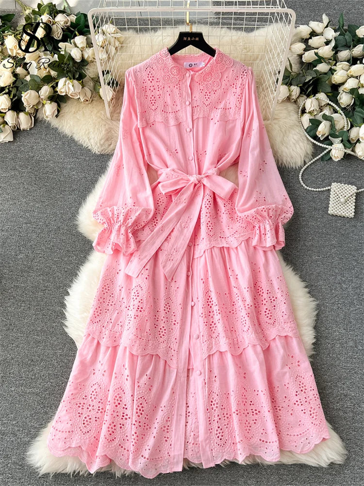 Yipinpay French Hotsweet Long Dress Women O Neck Lantern Sleeve Fashion Single Breasted Lace up Design Embroidery Lace Dress Tunics Silk luxurious
