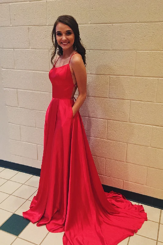 Casual Red Simple Spaghetti Straps Backless Sweep Train Backless Prom Dresses With Pockets Boat Neckline Classic