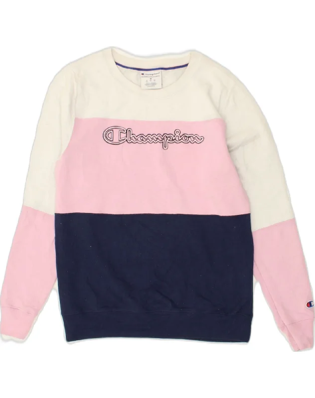 CHAMPION Womens Graphic Sweatshirt Jumper UK 14 Medium Pink Colourblock Hoodie with Front Slit Layering Stylish