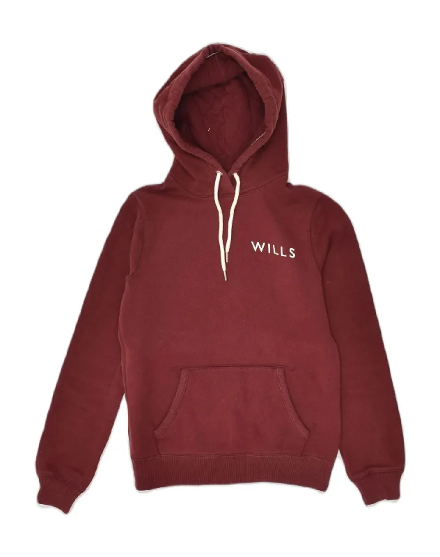 JACK WILLS Womens Graphic Hoodie Jumper UK 8 Small Burgundy Cotton Hoodie with Embroidery Detailed Premium