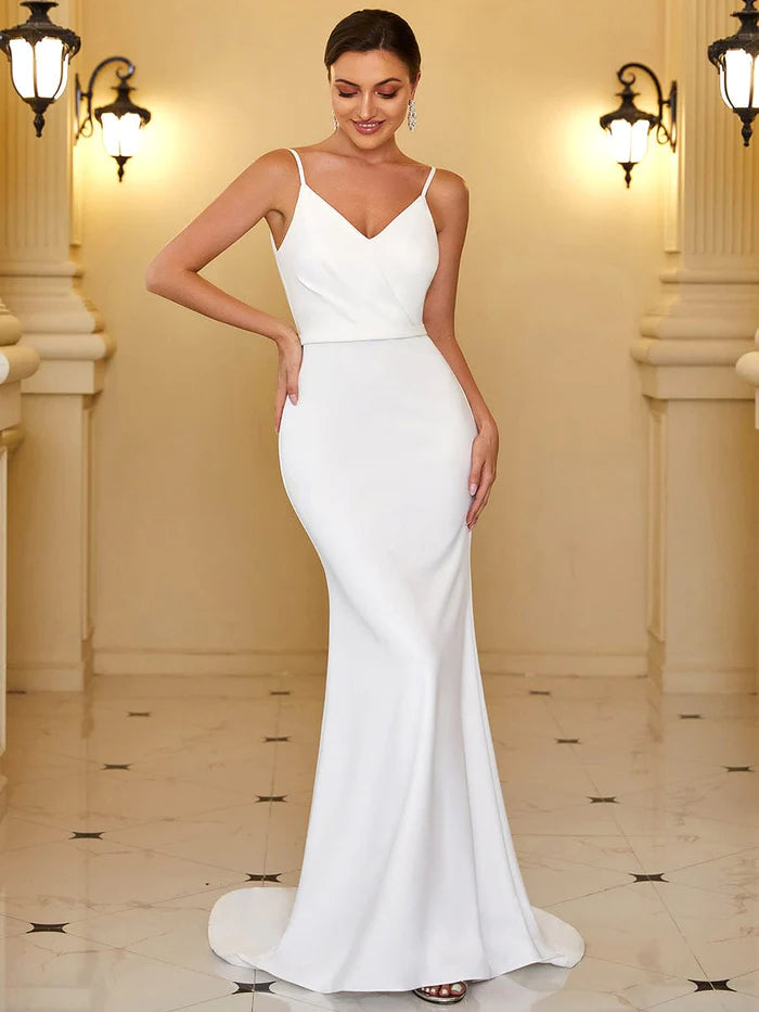 V-Neck Spaghetti Strap Cut-Out Back Sequin Fishtail Evening Dress empire Waist empire
