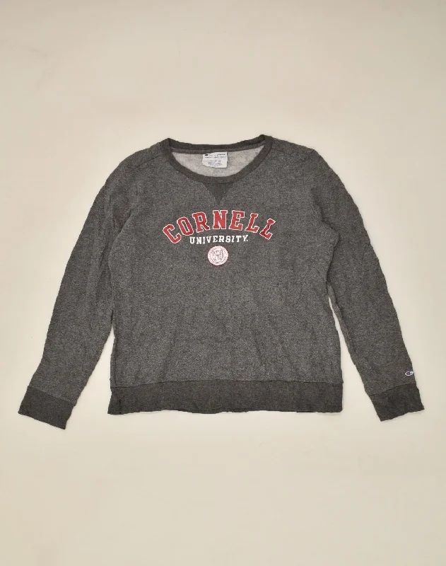 CHAMPION Womens Graphic Sweatshirt Jumper UK 14 Large Grey Cotton Hoodie with Tied Waist Feminine Flattering