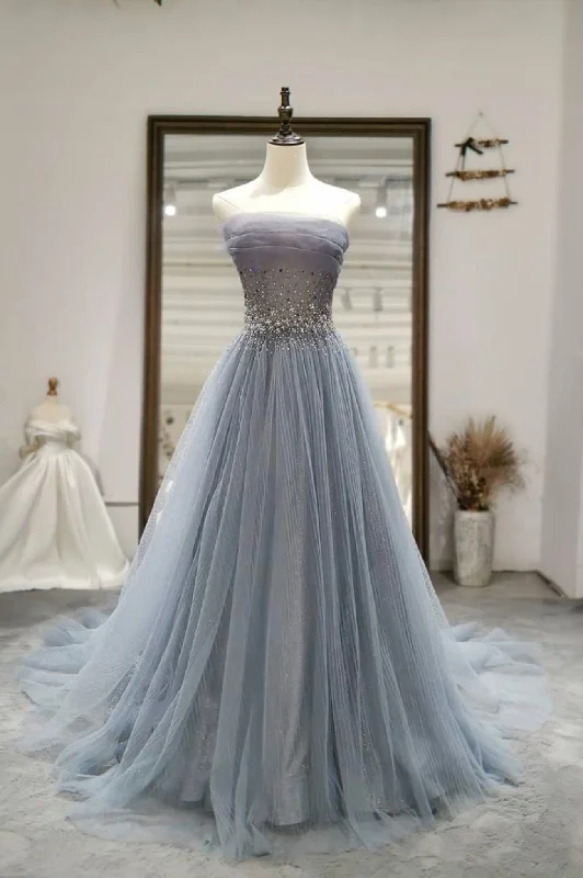 Gray Tulle Beading Long Prom Dresses, A-Line Strapless Evening Dresses Tunics Floral girly