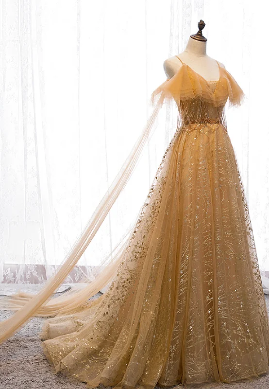 Gold V-Neck Tulle Long Prom Dresses, A-Line Evening Dresses Tunics Brand named